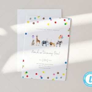 Party Animals Birthday Invitation Card , Wild One Animals Invitation Zoo Safari | DC205