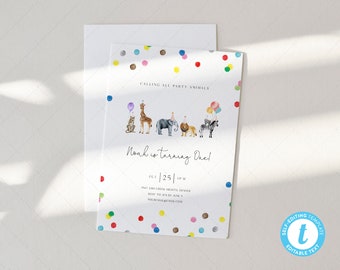 Party Animals Birthday Invitation Card , Wild One Animals Invitation Zoo Safari | DC205