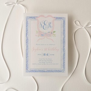 Classic Crest Birthday Invitation Card, Monogram, Bow, Girls First Birthday Invite | DC259