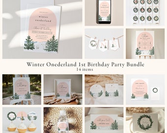 Winter Onderland First Birthday Party Bundle, Woodland Winter Birthday Invitation Bundle | DC228