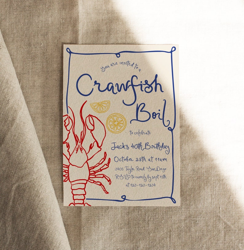 Crawfish Boil Invitation, Any Occasion, Birthday, Mudbugs and Beer Chugs, Graduation, Cajun Couples Shower, Handdrawn DC266 image 3