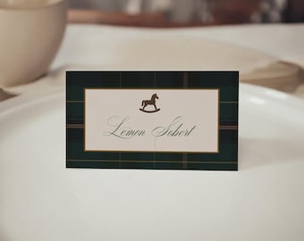 Green Plaid Rocking Horse, Table Name Card, Place Card, Food Tent, Buffet Cards, Baby Shower, Birthday Party Food Label | DC339
