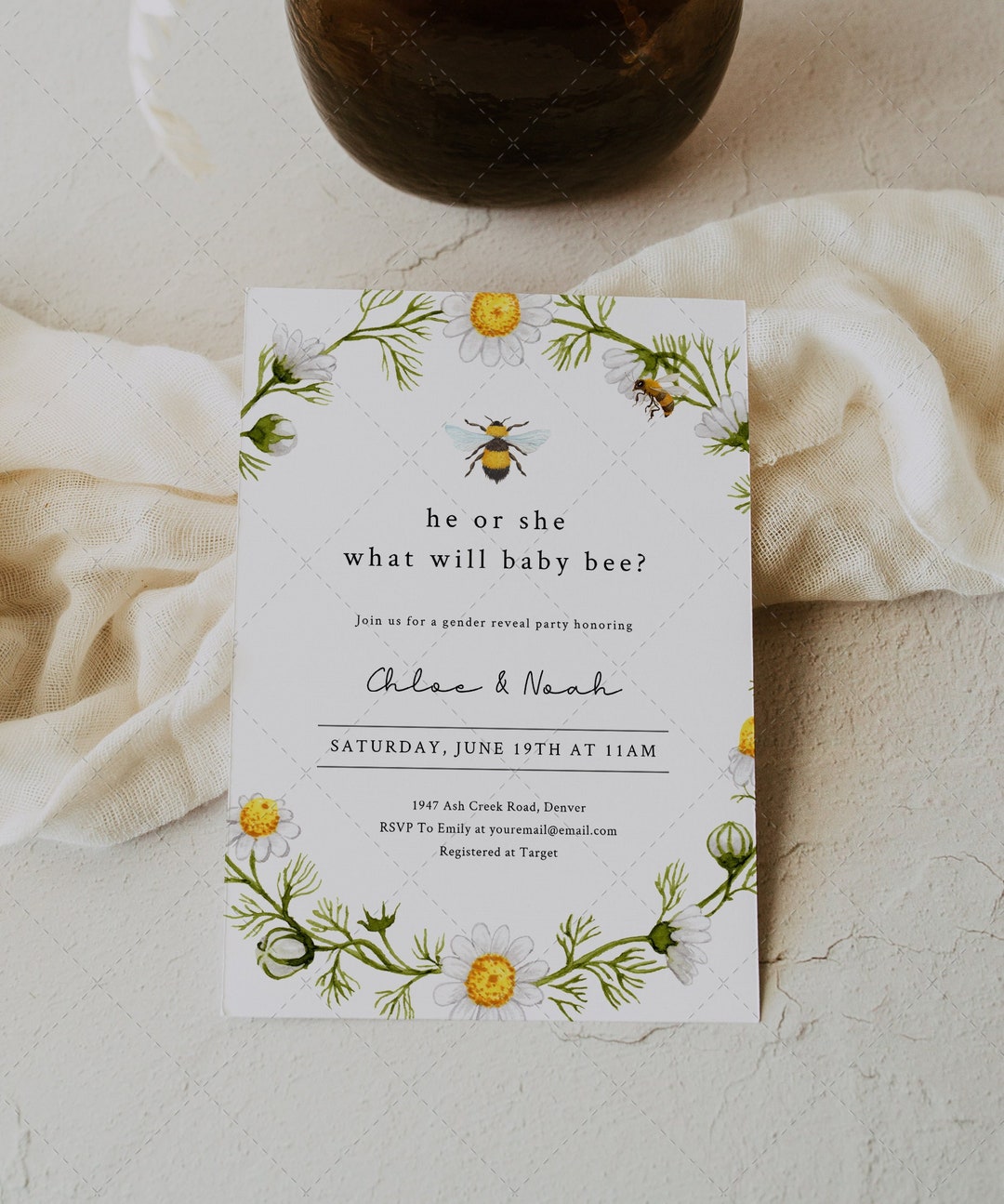 Bee Gender Reveal Baby Shower Invitation Card, What Will Baby Bee ...