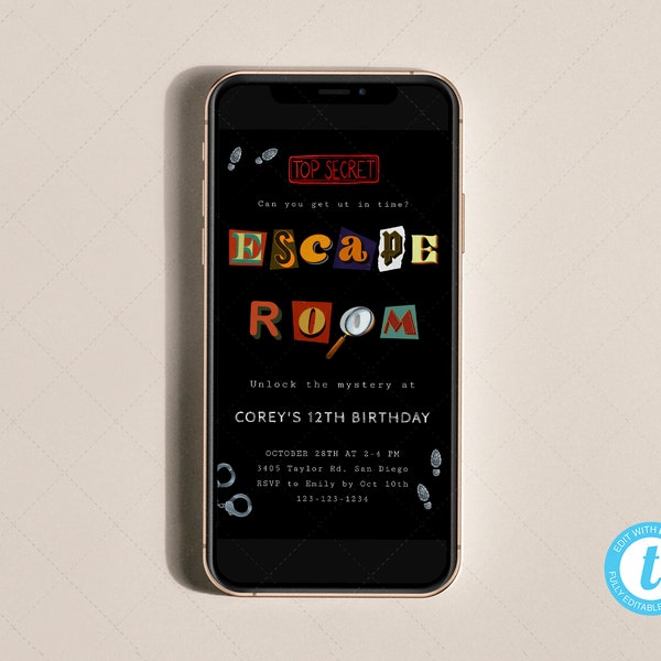 Escape Room Birthday Mobile Invitation, Mystery, Adult Birthday, Boy's, Girl's Birthday, Digital Invite, Phone, Evite | DC270