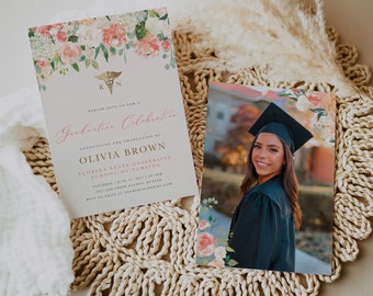 Floral Nursing Graduation Invitation Template, Graduation Celebration, RN, BSN, LPN, Nurse Practitioner | DC028