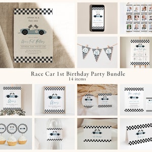 Race Car First Birthday Party Bundle, Vintage Race Car Birthday Invitation Bundle, Fast One | DC233