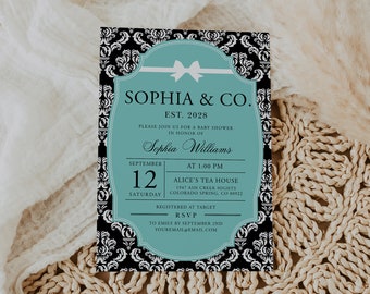 Baby and Co. Baby Shower Invitation Card , Robin Egg Blue, Baby & Co Breakfast at Tiffanys | DC037