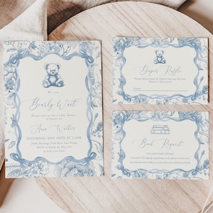 Faire-part baby shower ours en peluche, tombola de couches, carte de demande de livre, lot classique baby shower, Nous pouvons attendre | DC257