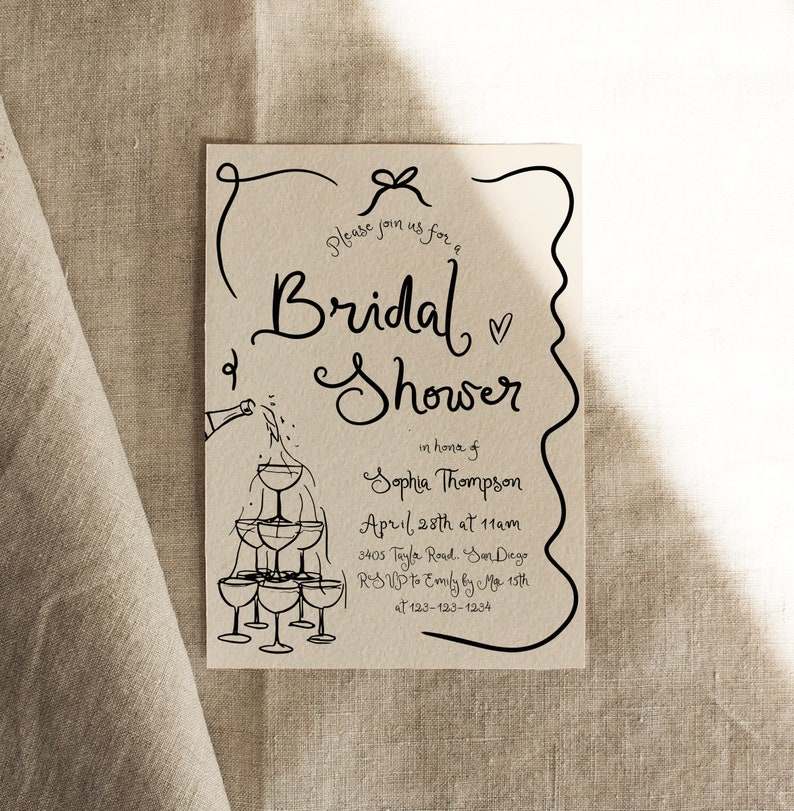 Bridal Shower Invitation Card, Brunch & Bubbly, Bridal Brunch Invite, Champagne Shower, Illustrated, Waves DC266 image 2