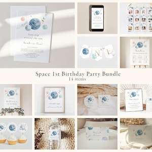 Space First Birthday Party Bundle, First Trip Around the Sun, First Trip Around The Sun Birthday Invitation Bundle | DC209