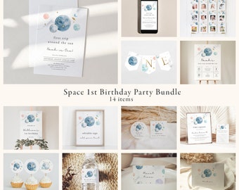 Space First Birthday Party Bundle, First Trip Around the Sun, First Trip Around The Sun Birthday Invitation Bundle | DC209