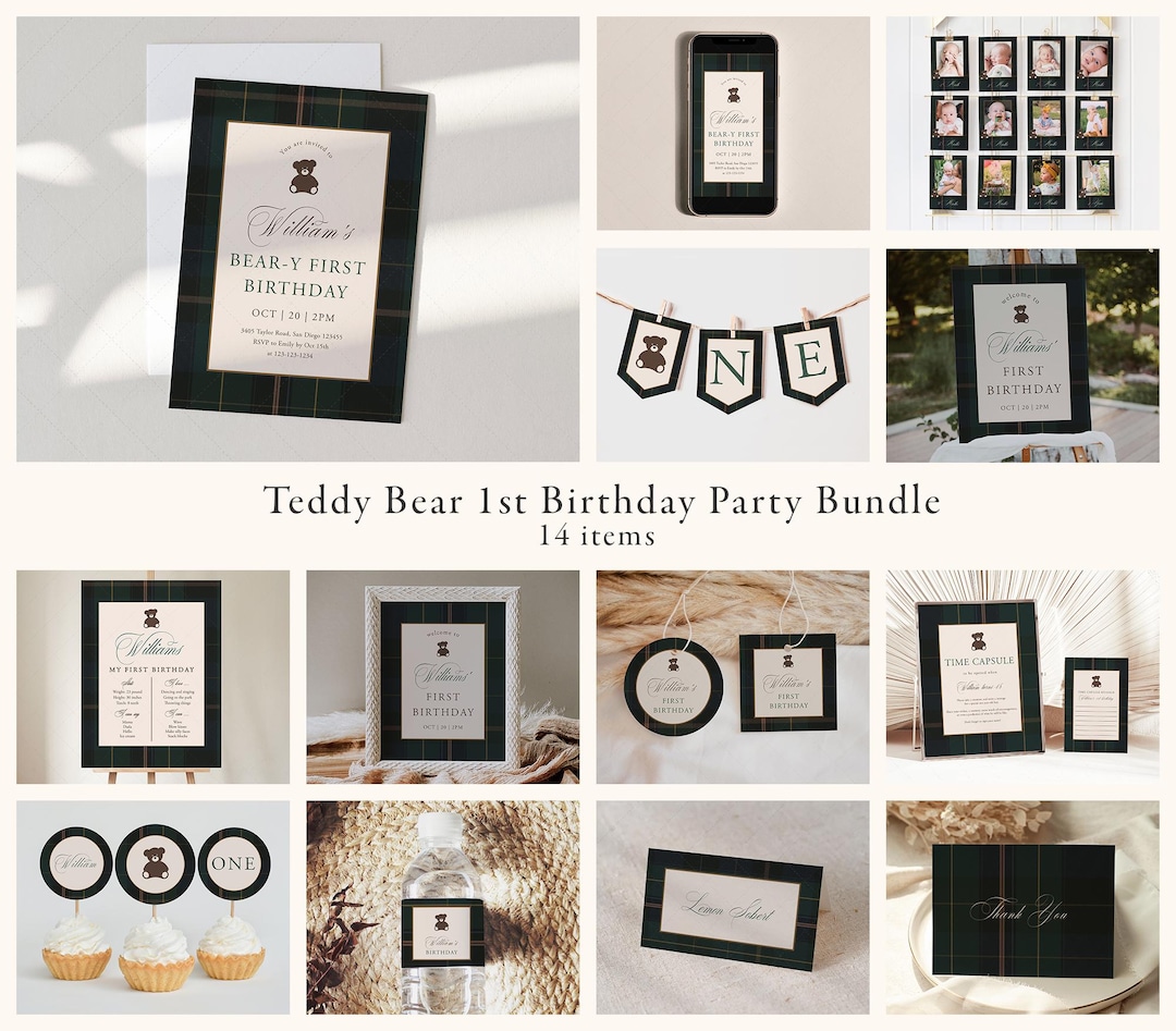 Teddy Bear 1st Birthday Party Bundle: Green Plaid Winter First Birthday ...