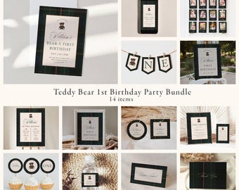 May include: A collection of coordinated party supplies with a teddy bear theme. Includes invitations, banners, cupcake toppers, and labels. The items feature a dark green plaid pattern and the text "William's Bear-y First Birthday".