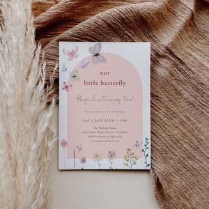 Butterfly Birthday Invitation Card, Butterfly kisses, Pink, Spring, Girl&#39;s Birthday, Bridal Shower, Floral | DC229