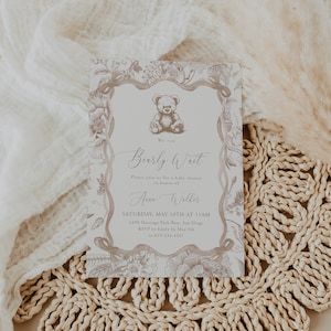 Teddy Bear Baby Shower Invitation, Classic Baby Boy Shower, Blue Chinoiserie, We Can Bearly Wait, Gender Neutral Baby Shower Invite | DC257