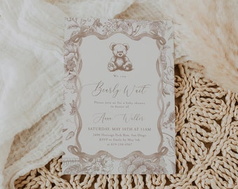 Teddy Bear Baby Shower Invitation: Blue Chinoiserie (Editable Template) | DC257