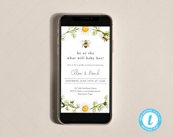 Bee Baby Shower Invitation | Instant Download, Templett, Digital Invite | Phone, Evite, Mobile, Smartphone Electronic Invite | DC183