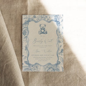 Teddy Bear Baby Shower Invitation, Classic Baby Boy Shower, Blue Chinoiserie, We Can Bearly Wait | DC257