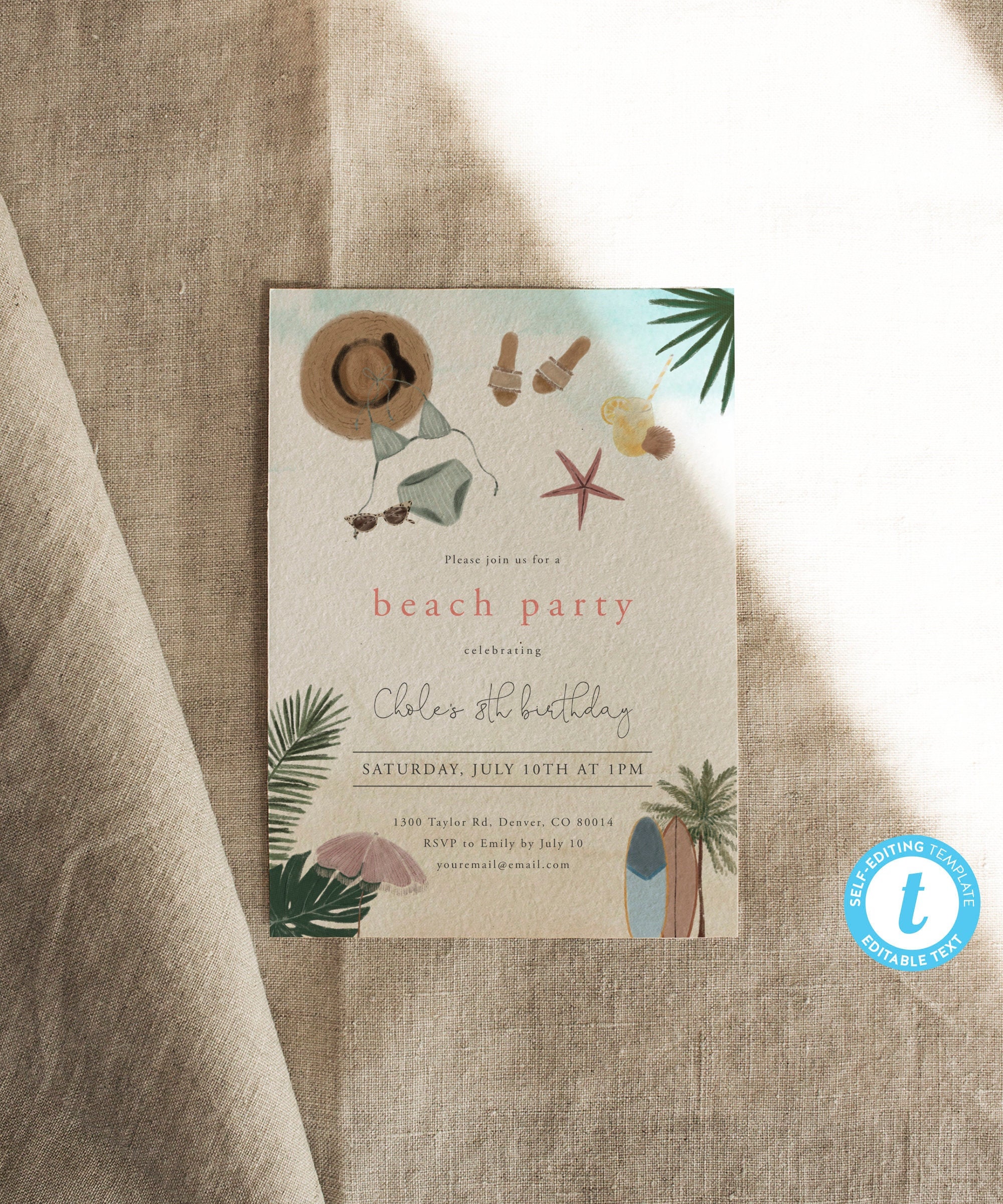 Pool Party Birthday Invitation Summer Tropical Beach Editable Template Printable First Birthday Any Age DC236