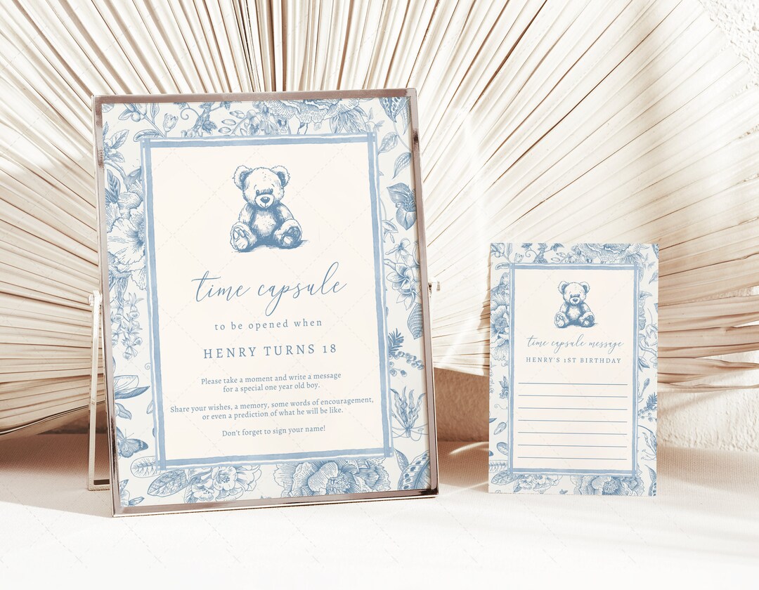 Teddy Bear Birthday Time Capsule Sign: Blue Chinoiserie (editable ...