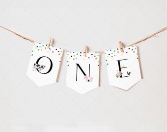 Party Animals Birthday First Birthday High Chair Banner, ONE, Wild, One, Animals, Zoo, Safari | DC205
