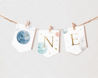 Space Birthday First Birthday High Chair Banner, ONE, First Trip Around the Sun, Galaxy, Moon | DC209