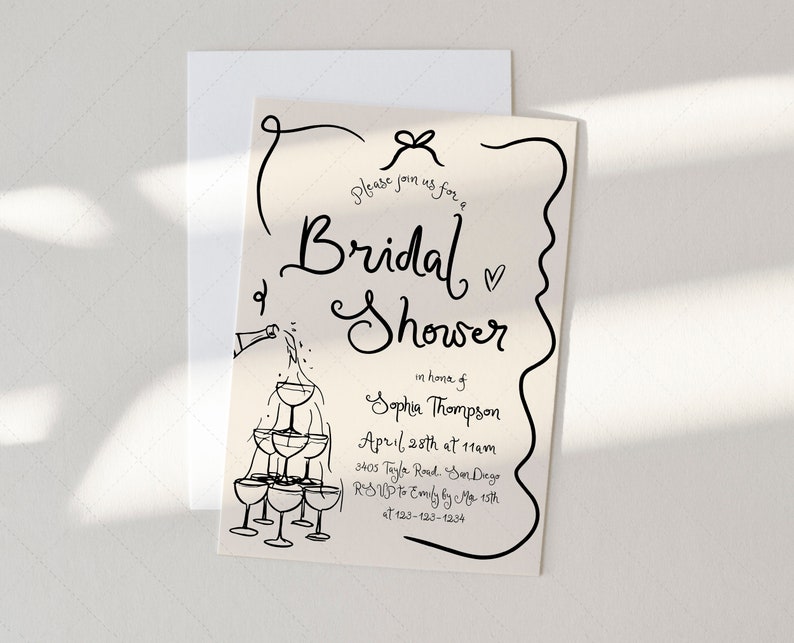 Bridal Shower Invitation Card, Brunch & Bubbly, Bridal Brunch Invite, Champagne Shower, Illustrated, Waves DC266 image 3