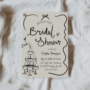 Bridal Shower Invitation Card, Brunch & Bubbly, Bridal Brunch Invite, Champagne Shower, Illustrated, Waves DC266 image 1