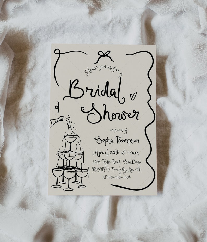 Bridal Shower Invitation Card, Brunch & Bubbly, Bridal Brunch Invite, Champagne Shower, Illustrated, Waves DC266 image 1