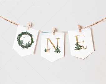 Winter Onderland Birthday First Birthday High Chair Banner, ONE, Winter Woodland 1st Birthday, Christmas | DC228