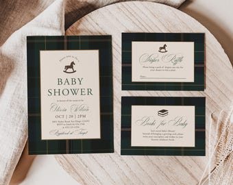 Green Plaid Baby Shower Invitation Bundle, Diaper Raffle, Book Request: Rocking Horse Theme (DIY Template)  | DC339