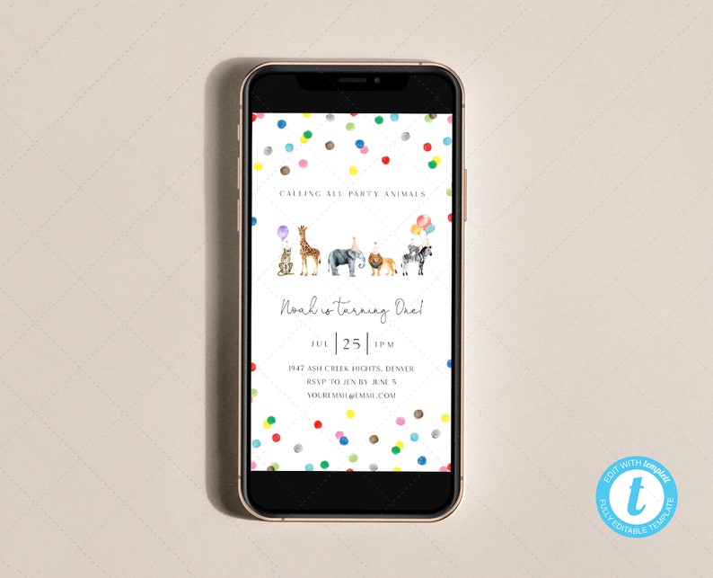 Party Animals Birthday Invitation Card Instant Download, Templett, Digital Invite Phone, Evite, Mobile, Electronic Invite DC205 image 1