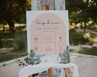 Può includere: Un cartello personalizzato su un cavalletto, con il nome "Sophia" e la frase "my first year". Il cartello include dettagli come il peso (10,4 kg), l'altezza (76 cm) e altre pietre miliari. Il design incorpora una morbida tavolozza di colori e illustrazioni della foresta.