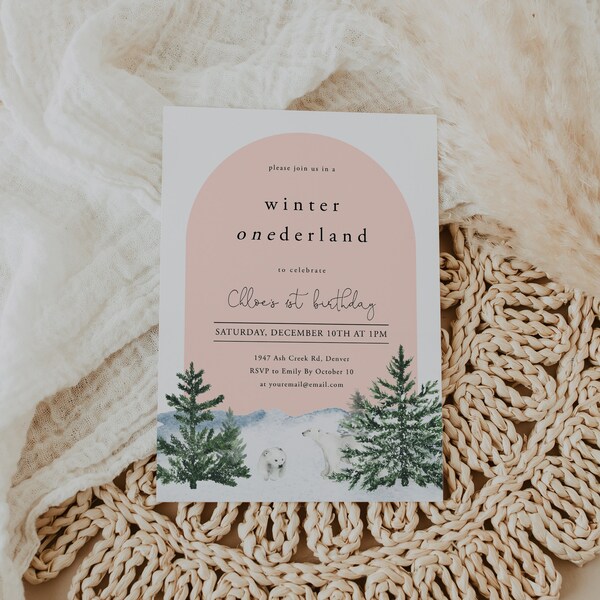 Winter Onederland Birthday Invitation, Girls First Birthday Invite, Winter, Snow, Bears, Polarbears, Editable, Templett, Printable | DC228