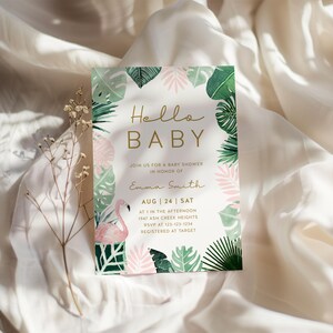 Tropical Baby Shower Invitation Card, Flamingo, Boho, Summer, Tropical, Hawaiian, Pool | DC138