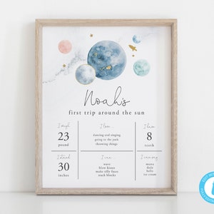 8x10 One Year Sign Template, Space First Birthday, Trip Around the Sun, Milestone Sign, Printable, Editable | DC209