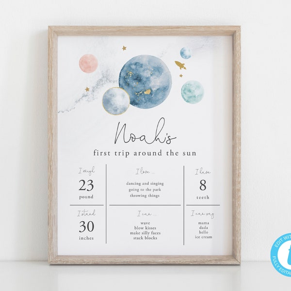 8x10 One Year Sign Template, Space First Birthday, Trip Around the Sun, Milestone Sign, Printable, Editable | DC209