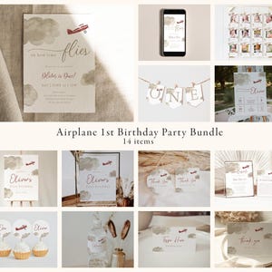 Airplane First Birthday Party Bundle, Vintage Airplane Birthday Invitation Bundle, Editable, Printable | DC284