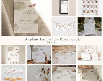 Airplane First Birthday Party Bundle, Vintage Airplane Birthday Invitation Bundle, Editable, Printable | DC284