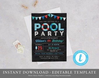 Pool Party Birthday Invitation Card, Kids Pool Party Birthday Invitation, Chalkboard | DC074