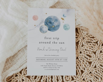 Space First Birthday Party Invitation, First Trip Around the Sun, Galaxy, Moon, Planets | DC209