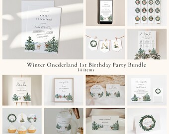 Winter Onderland First Birthday Party Bundle, Woodland Winter Birthday Invitation Bundle | DC228