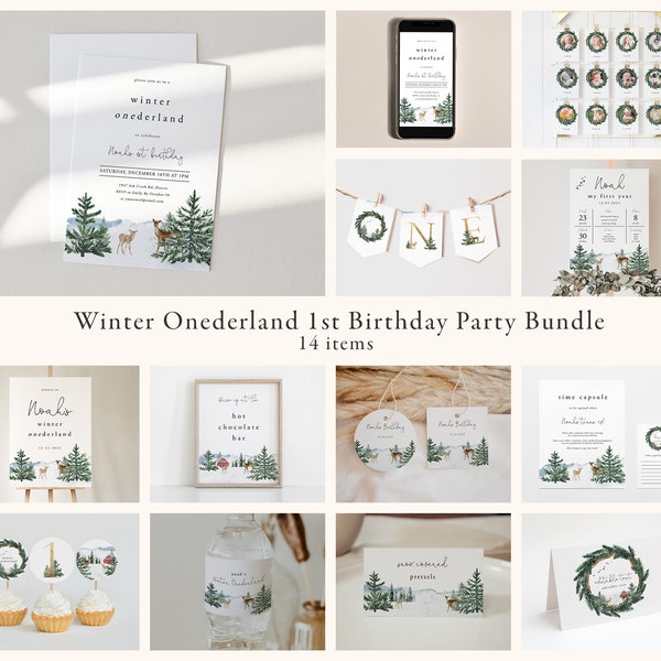 Winter Onderland First Birthday Party Bundle, Woodland Winter Birthday Invitation Bundle | DC228