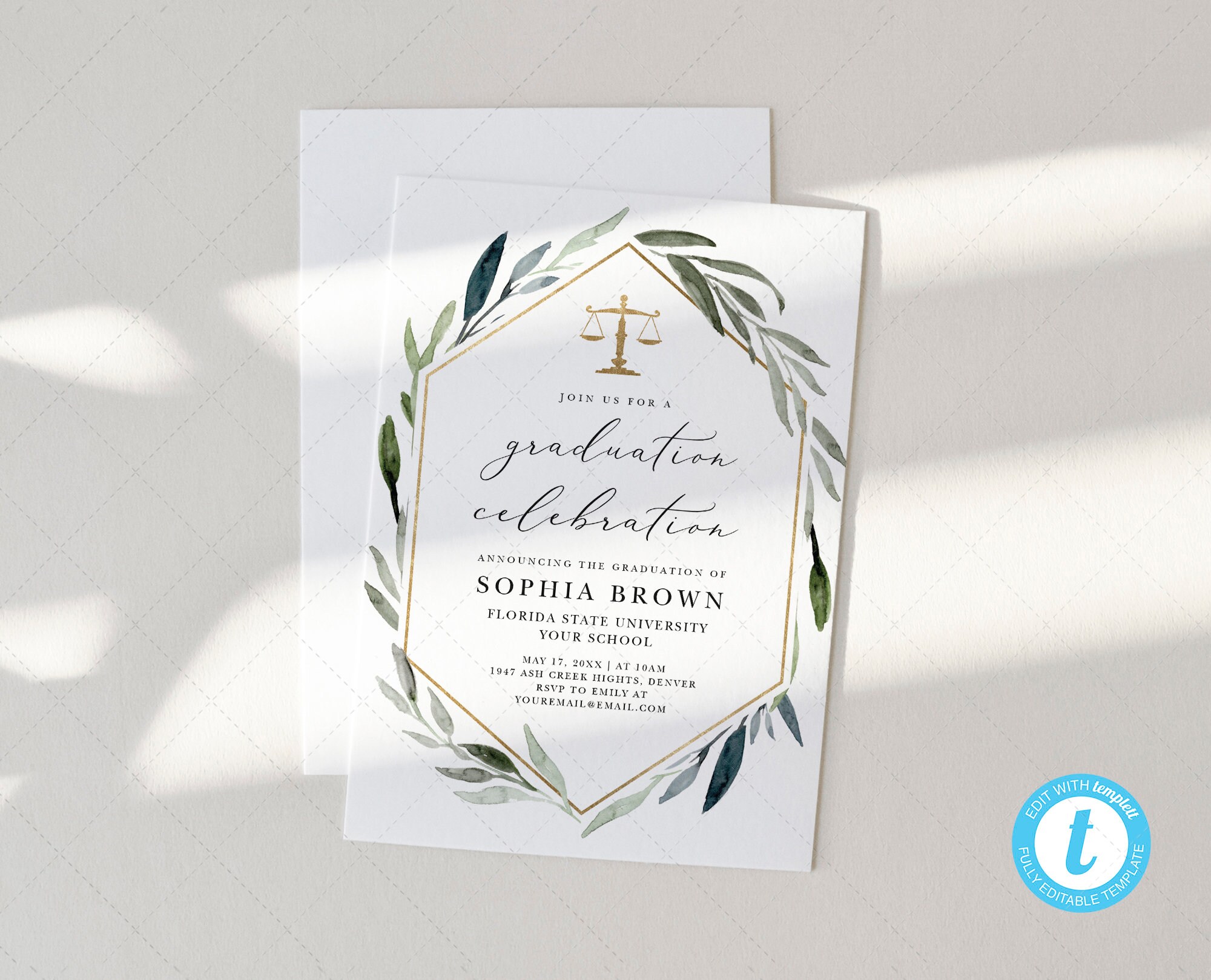 Greenery Law School Graduation Announcement Card , Boho, Spring, Fall,  Graduation Party | DC052 - Etsy, image size:2000x1619