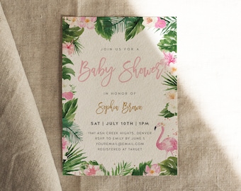 Invitación para Baby Shower Tropical, Boho, Flamencos, Verano, Tropical, Hawaiano, Fiesta en la Piscina, Invitación Digital / DC023