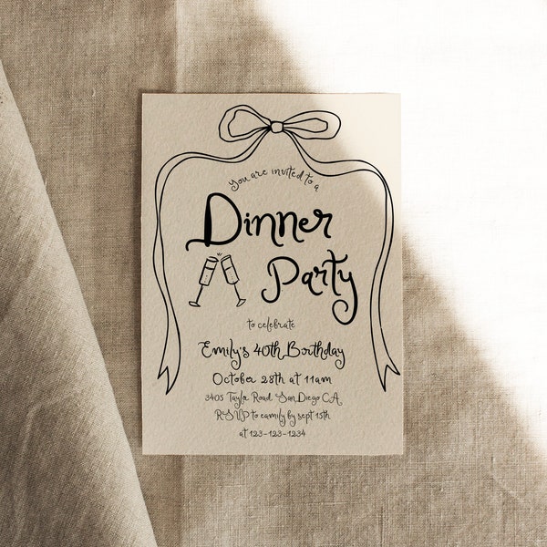 Dinner Party Invitation, Hand-drawn Bow, Any Event, Bow Invite, Girl, Any Age, Birthday Invitation | DC266