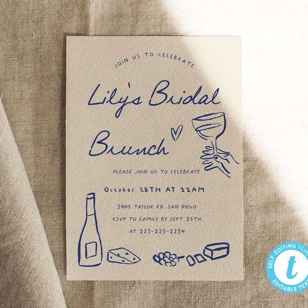 Bridal Shower Invitation Card, Brunch & Bubbly, Bridal Brunch Invite, Champagne Shower, Illustrated, Waves | DC266