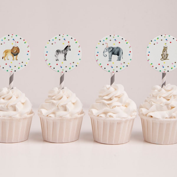 Party Animals Birthday Cupcake Topper | Printable Digital File | Party Circle, Wild One Animals, Zoo, Safari | DC205