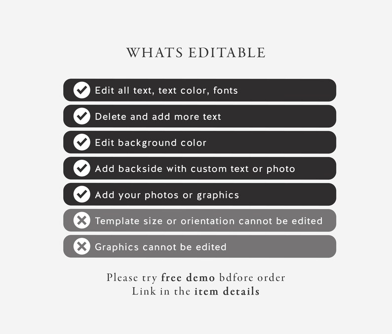 May include: A list of editable and non-editable features for a digital template. Editable features include text, text colour, fonts, background colour, adding a backside with custom text or photo, and adding photos or graphics. Non-editable features include template size and orientation, and graphics.