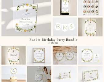 Bee First Birthday Party Bundle, Birthday Invitation Bundle, Bee-Day, Honey Bee, Sweet to bee one | DC183